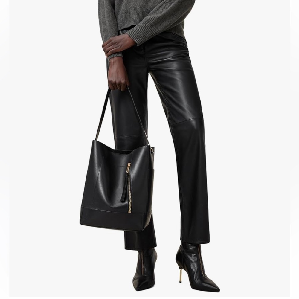 All Saints Black Leather Tote with Gold Zipper - Picture 2 of 12